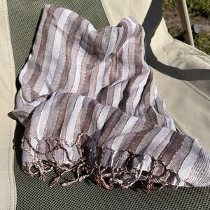 Raj Scarf Anthropologie 100% Cotton Fringed Gauzy Sheer Open Weave Stiped 72x20